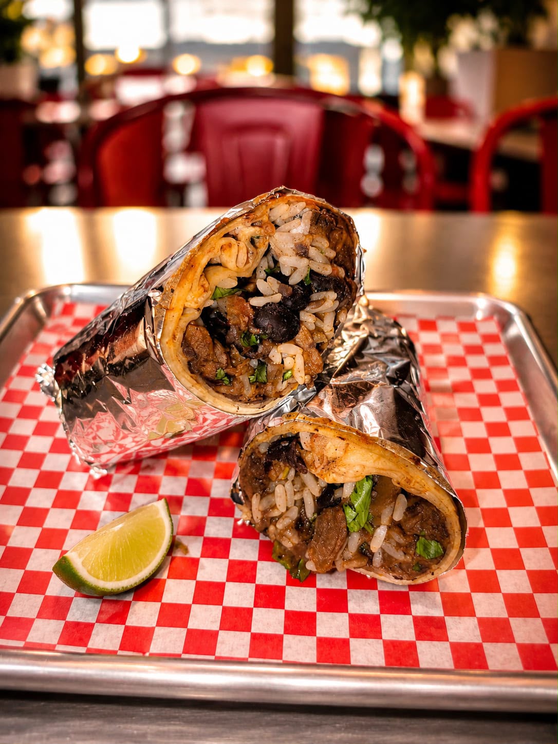 Birria-Burrito auf rot-weiß kariertem Papier